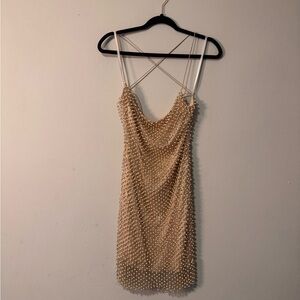 Chic Pearl Embellished Beige Dress